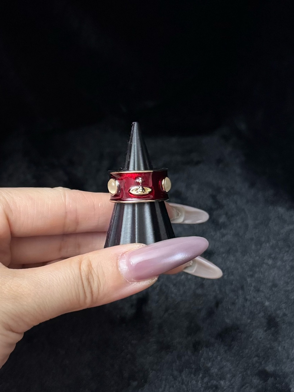 Red Enamel Planet Motif Open Adjustable Band Ring Vintage Gothic Statement